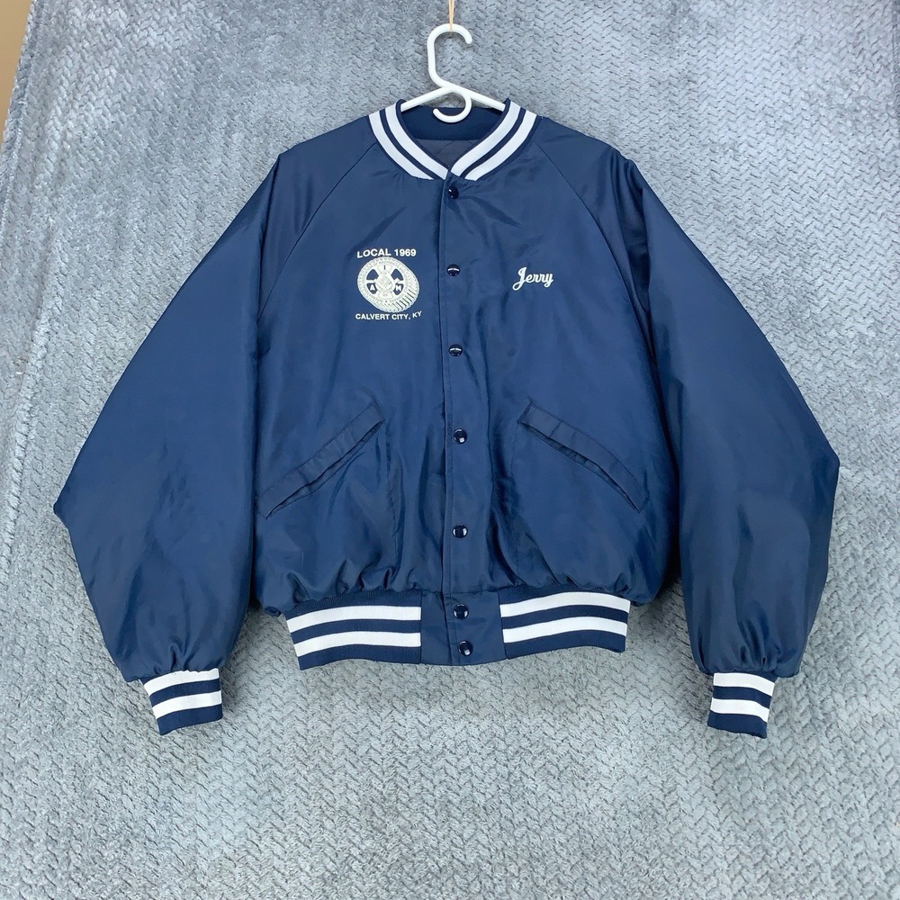 Vintage Pro Fit Satin Bomber Jacket Men's Large Blue IAMAW Union Made 80's 90s